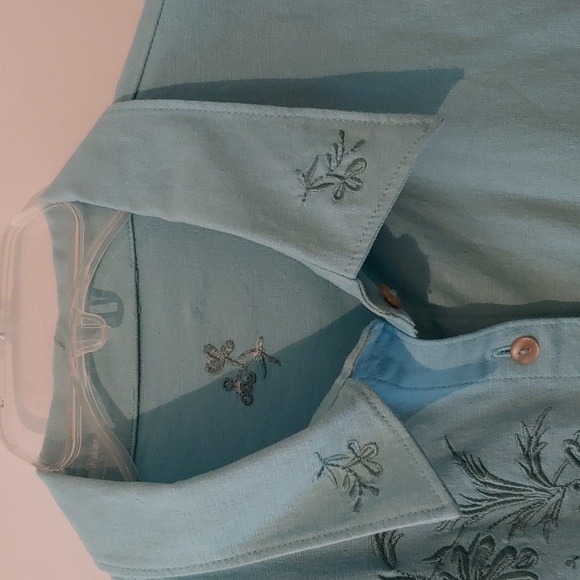 Women's long sleeve pale turqoise blue cotton blouse with machine embroidery - Picture 3 of 5